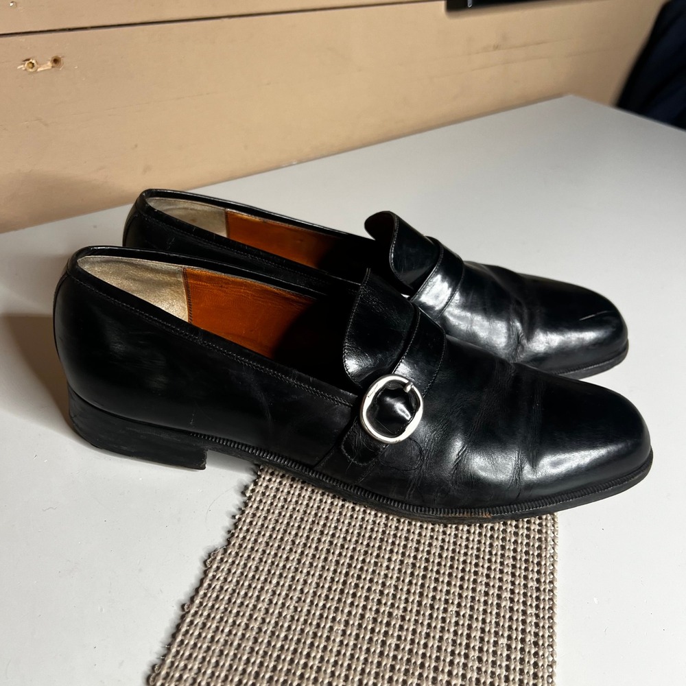 Salvatore Ferragamo Mens Black Leather Buckle Loafers UG 5389 Size 10 D Italy